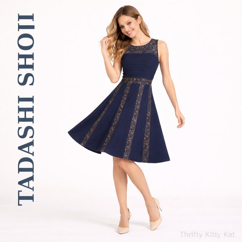 Tadashi Shoji Navy Nude Pintuck Jersey Lace Sleeveless Cocktail‎ Dress S